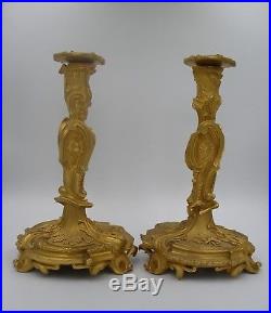 Vintage 2 Rococo Revival French Ormolu Candlesticks butterfly, shell feet 31cm