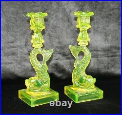 Vintage 60s Vaseline Glass Koi Dolphin Candlestick Pair MMA Imperial Glass 10