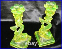 Vintage 60s Vaseline Glass Koi Dolphin Candlestick Pair MMA Imperial Glass 10