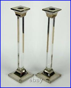 Vintage ART DECO Design Silver Plated & Lucite Tall CANDLE STICKS 1960s