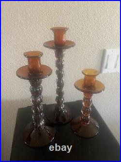 Vintage Amber Adventurine Art Glass Handblown Candlesticks