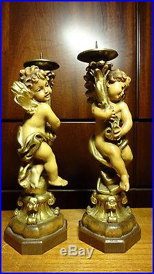 Vintage Anri 7.4 Pair Of Wood Carved Angel Cherub Putto Candlestick Statue