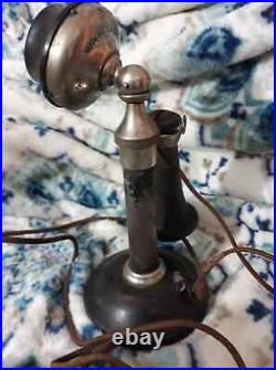 Vintage Antique Black/Silver Kellogg Candlestick Phone Early 1900'S