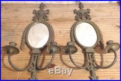 Vintage Antique Brass Candlestick Oval Mirror Wall Sconces Heavy Lot of 2
