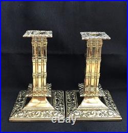 Vintage / Antique Brass Square Column Pair Of Candlestick Holders