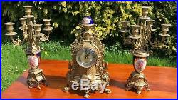 Vintage Antique Brass and Ceramic Clock and 5 Scooner Candlesticks