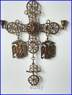 Vintage Antique Bronze Byzantine Cross, Candle Pendant With Double-Headed Eagles