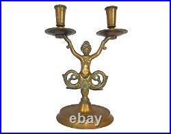 Vintage Antique Dutch Brass Candlestick Candleholder Siren & Dolphin Tails 30cm