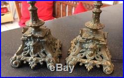 Vintage Antique Pair Figural Brass Medusa Goddess Mask Lady Candlesticks French
