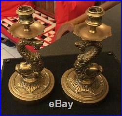 Vintage Antique Pair Two Figural Brass Dolphin Fishes Candlesticks Candle Sticks