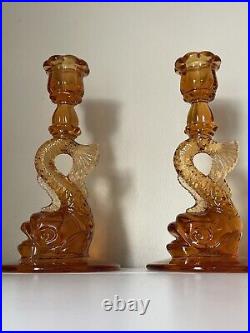 Vintage Art Deco Amber Glass Dolphin Koi Fish Candlestick Candle Holders