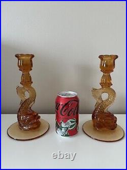 Vintage Art Deco Amber Glass Dolphin Koi Fish Candlestick Candle Holders