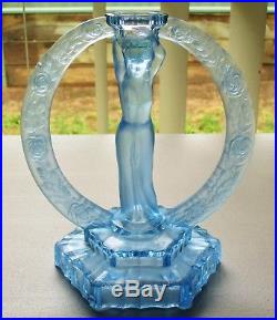 Vintage Art Deco Blue Depression Glass Semi Nude Lady Centrepiece Candlestick