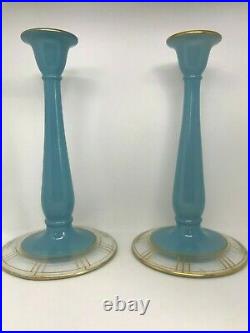 Vintage Art Deco Blue Opaline Glass Candlestick Holders-Pair