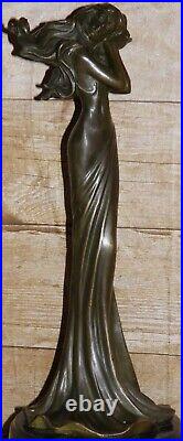 Vintage Art Deco Cold Cast Bronze Lady Candlestick Marble Plinth By David Fisher