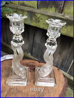 Vintage Art Deco GLASS DOLPHIN CANDLESTICKS holders frosted clear 1940 Germany