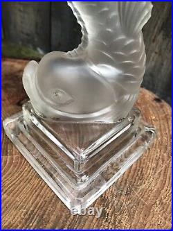 Vintage Art Deco GLASS DOLPHIN CANDLESTICKS holders frosted clear 1940 Germany