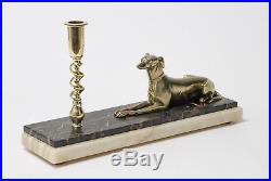 Vintage Art Deco Marble Base with Greyhound Dog Figure & Brass Candlestick