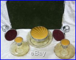 Vintage Art Deco sunburst yellow enamel & chrome dressing table set candlesticks