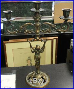Vintage Art Nouveau Brass Candle Stick Holder with Figural Lady