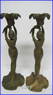 Vintage Art Nouveau Bronze Women Candlestick Holders