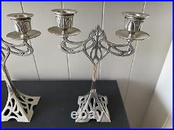 Vintage Art Nouveau Liberty WMF Style Double Candlesticks Silver Plated Pewter