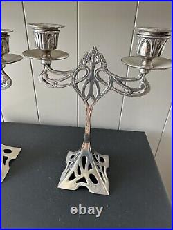 Vintage Art Nouveau Liberty WMF Style Double Candlesticks Silver Plated Pewter