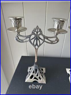 Vintage Art Nouveau Liberty WMF Style Double Candlesticks Silver Plated Pewter