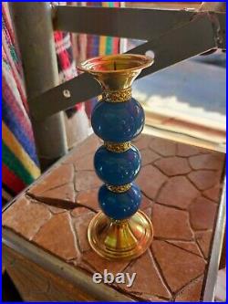 Vintage BLUE brass candleabras candlestick MOROCCO Jewish Judaica Sabbath