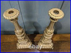 Vintage Beaux Arts Carved Wooden Gold Church Altar Candlesticks with Crosses