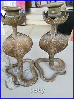 Vintage Big Set Cobra Brass Painted Candle Holders Candlesticks Snakes