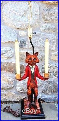 Vintage Bill Huebbe Signed Red Coat Fox Butler Double Candle Stick Lamp 32