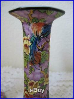 Vintage Bird of Paradise Chintz Candlesticks Baker & Co Purple Unmarked Roses