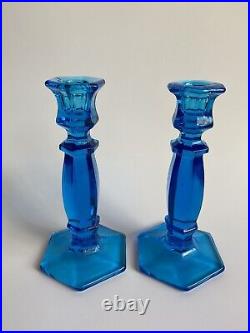 Vintage Blue Celeste Art Glass Set of 2 Candle Stick Holders 7 1/4H Gorgeous