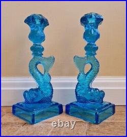 Vintage Blue Glass Koi Fish Dolphin Candlestick Candle Holders Embossed Mma