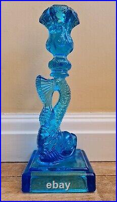 Vintage Blue Glass Koi Fish Dolphin Candlestick Candle Holders Embossed Mma
