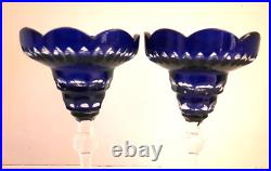 Vintage Bohemian Glass Cobalt Blue Cut To Clear Candlestick Holders