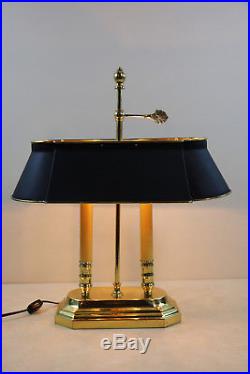 Vintage Bouillotte Candlestick Table Lamp Solid Brass Bank Library Brass Shade