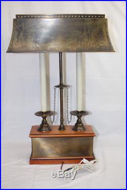 Vintage Bouillotte Double Candlestick on Wood Box with Brass Shade Table Lamp