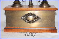 Vintage Bouillotte Double Candlestick on Wood Box with Brass Shade Table Lamp