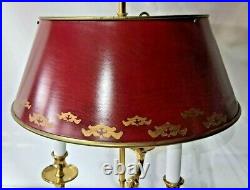 Vintage Brass 3 Candlestick Bouillotte Lamp with Red Gold Metal Shade NICE