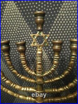 Vintage Brass Bamboo Style Jewish Menorah 9 Branches Star Of David Candleabra