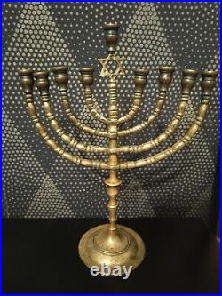 Vintage Brass Bamboo Style Jewish Menorah 9 Branches Star Of David Candleabra