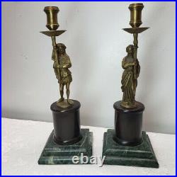 Vintage Brass Bronze Green Marble Figural Candlestick Holder Torchieres Renaissa