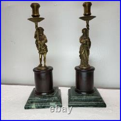 Vintage Brass Bronze Green Marble Figural Candlestick Holder Torchieres Renaissa