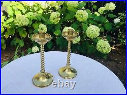 Vintage Brass Candlestick Pair Heavy Rope Twist Stem Elegant Drip Tray Christmas