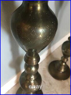 Vintage Brass Candlesticks Pair / Floor Candle Holders / Large Etched Tall 40