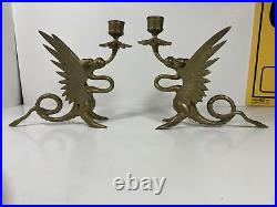 Vintage Brass Dragon Candle Holder Set Lot of 2 Griffin Gothic Mid Century Art