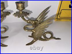 Vintage Brass Dragon Candle Holder Set Lot of 2 Griffin Gothic Mid Century Art