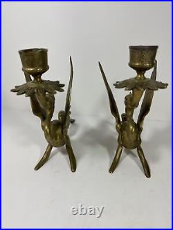 Vintage Brass Dragon Candle Holder Set Lot of 2 Griffin Gothic Mid Century Art